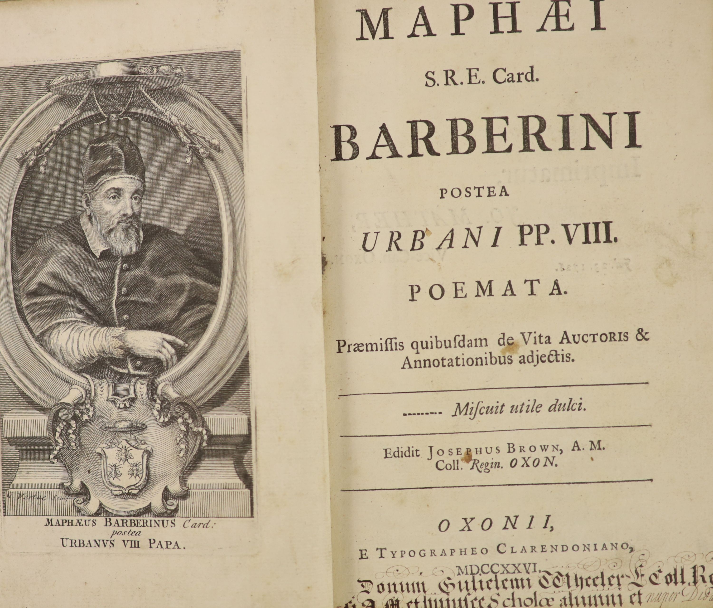 Barberini, Maffeo (Pope Urban VIII) - Poemata ... edidit Josephus Brown ... portrait frontis., 2 pictorial vignettes; newly rebound green half morocco and cloth, gilt-lettered panelled